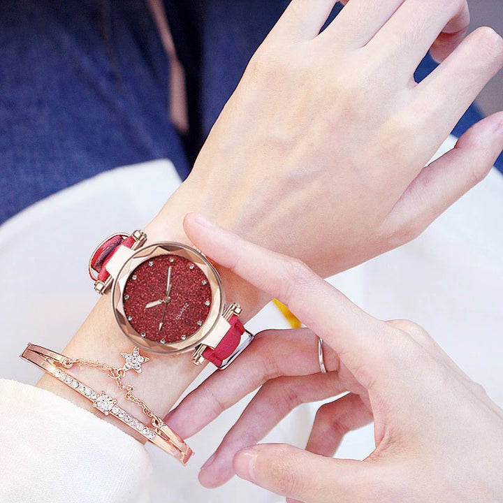 Glittering Starry Sky Fashion with Vegan Leather Strap Quartz Watches