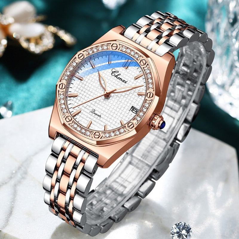 Elegant Fashion Rhinestone Accented Octagonal Case Women's Quartz Watches