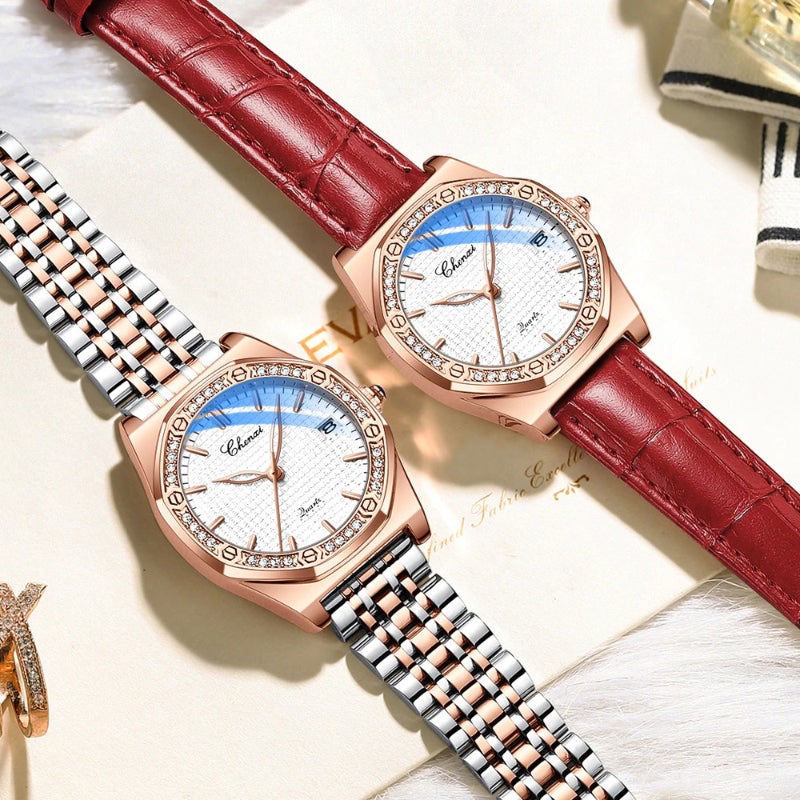 Rhinestone Accented Octagonal Case Women's Quartz Watches