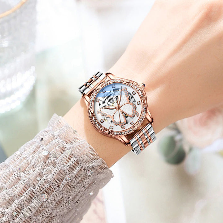 Rhinestone Embellished Hollow Butterfly Dial Automatic Watches