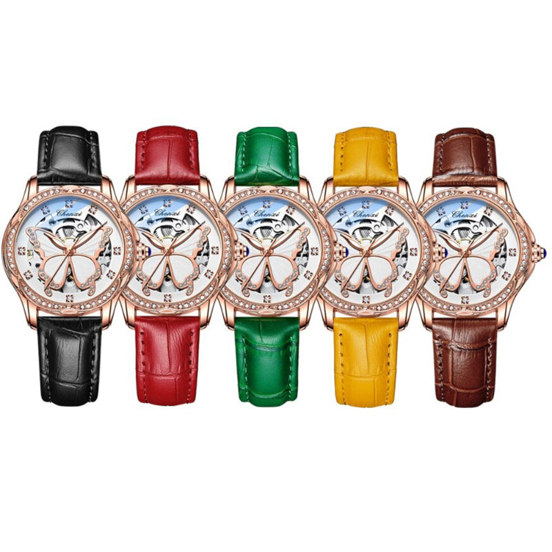 Rhinestone Embellished Hollow Butterfly Dial Automatic Watches