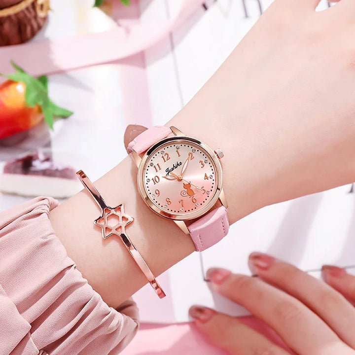 Pretty Cat Pattern Dial Vegan Leather Strap Quartz Watches