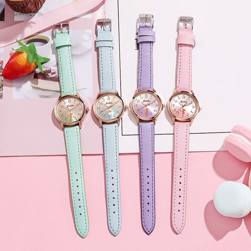 Pretty Cat Pattern Dial Vegan Leather Strap Quartz Watches