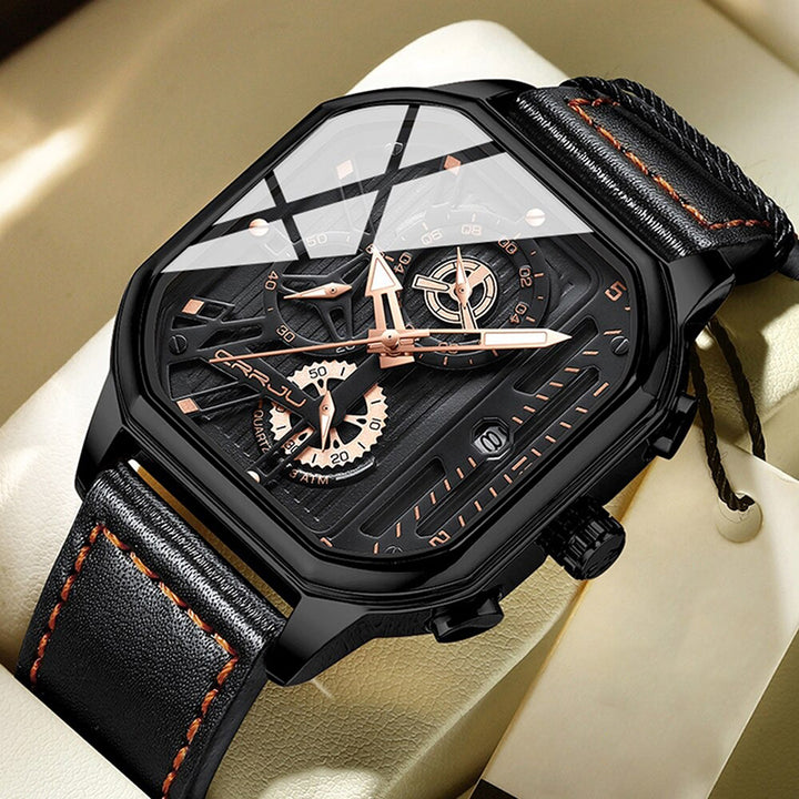 Hollow-Out Dial Luminous Vegan Leather Strap Chronograph Men's Watches