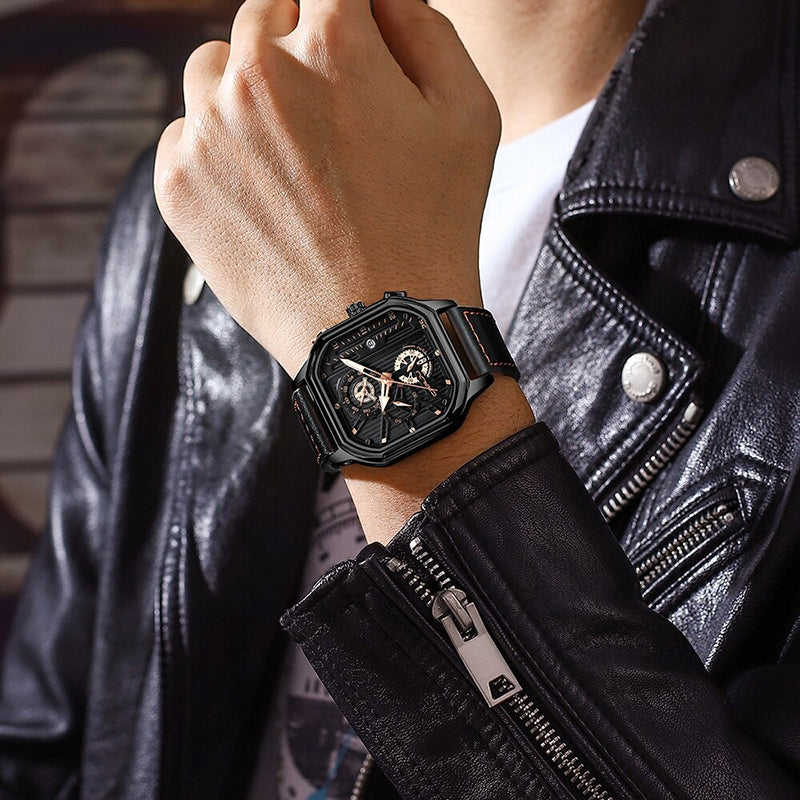 Hollow-Out Dial Luminous Vegan Leather Strap Chronograph Men's Watches