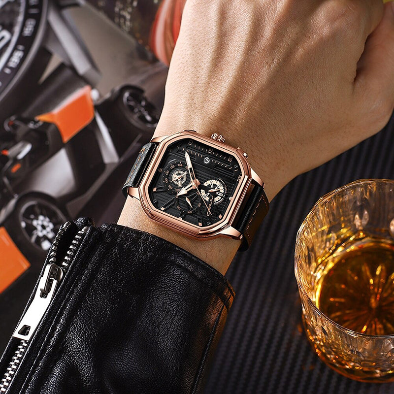 Hollow-Out Dial Luminous Vegan Leather Strap Chronograph Men's Watches