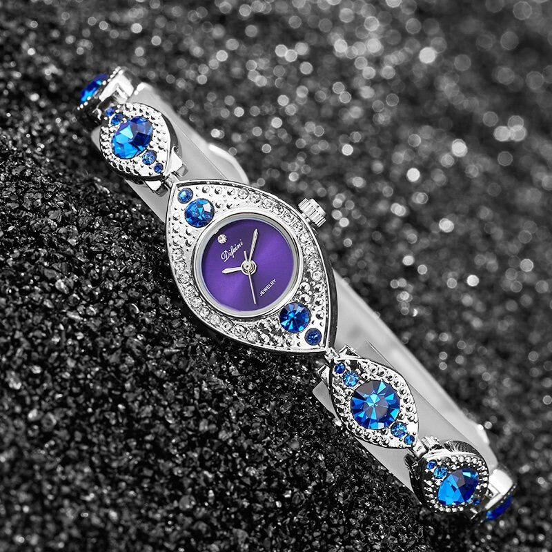 Women's Luxurious Eye Shaped Rhinestone Bejeweled Bracelet Quartz Watches