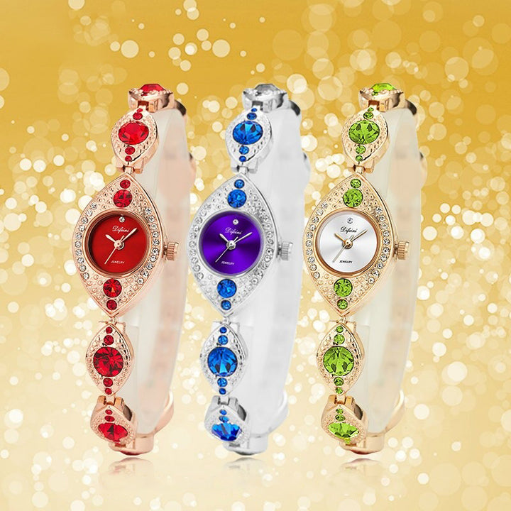 Women's Luxurious Eye Shaped Rhinestone Bejeweled Bracelet Quartz Watches