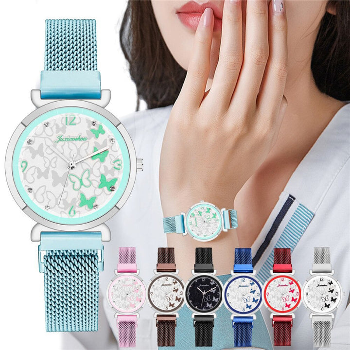 Butterfly Studded Dial with Stainless Steel Mesh Band Quartz Watches