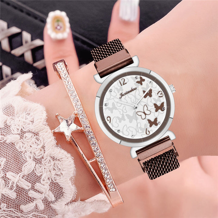 Butterfly Studded Dial with Stainless Steel Mesh Band Quartz Watches