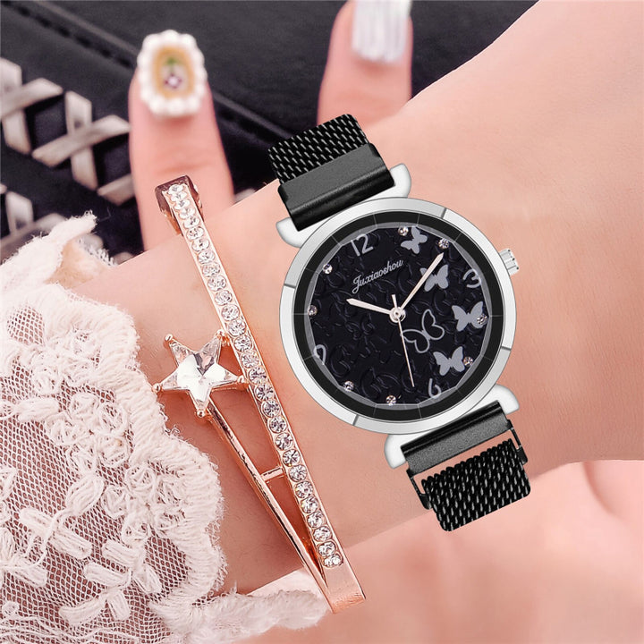 Butterfly Studded Dial with Stainless Steel Mesh Band Quartz Watches