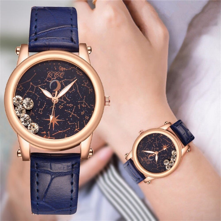 Rhinestone Constellation Dial with Vegan Leather Strap Quartz Watches