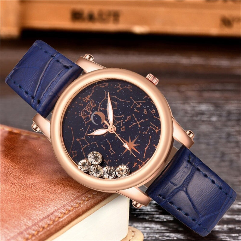 Rhinestone Constellation Dial with Vegan Leather Strap Quartz Watches