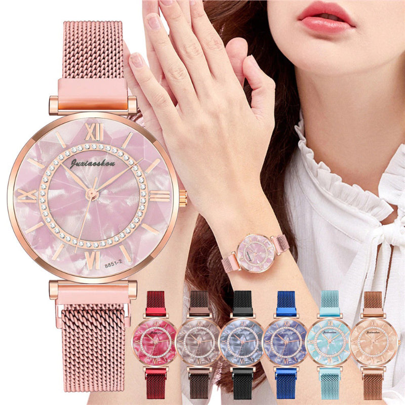 Rhinestone Adorned Roman Numeral Marble Dial Quartz Watches