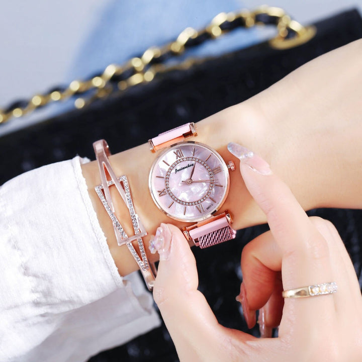 Rhinestone Adorned Roman Numeral Marble Dial Quartz Watches