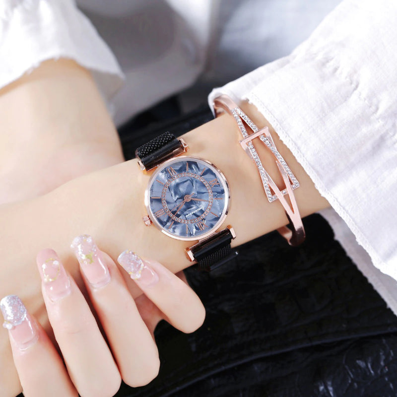 Rhinestone Adorned Roman Numeral Marble Dial Quartz Watches