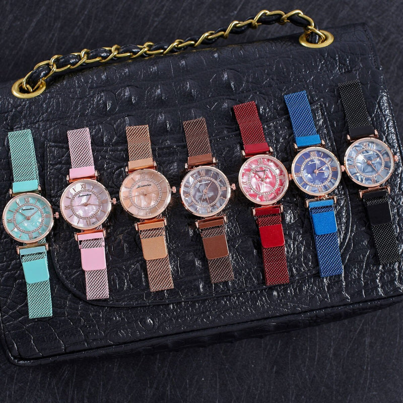 Rhinestone Adorned Roman Numeral Marble Dial Quartz Watches