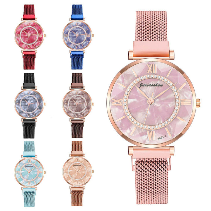 Rhinestone Adorned Roman Numeral Marble Dial Quartz Watches