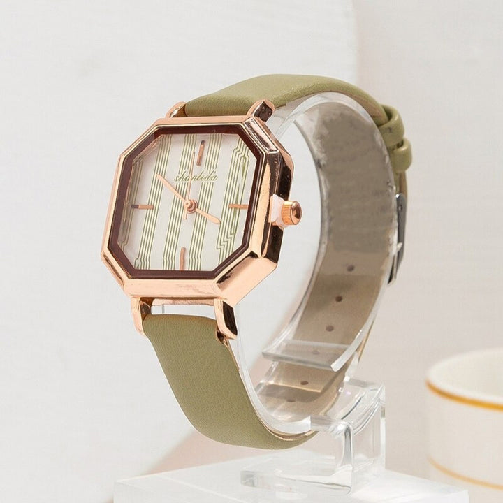 Geometric Fashion Stripe Dial with Vegan Leather Strap Quartz Watches