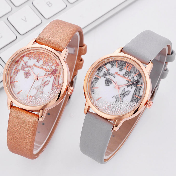 Bright-Colored Rabbit Patterned Dial with Leather Strap Quartz Watches