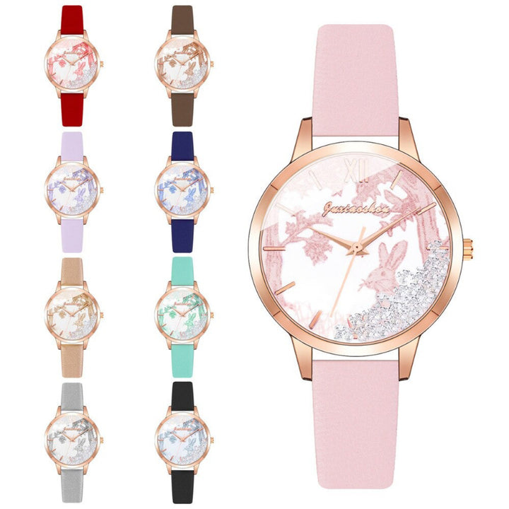 Bright-Colored Rabbit Patterned Dial with Leather Strap Quartz Watches