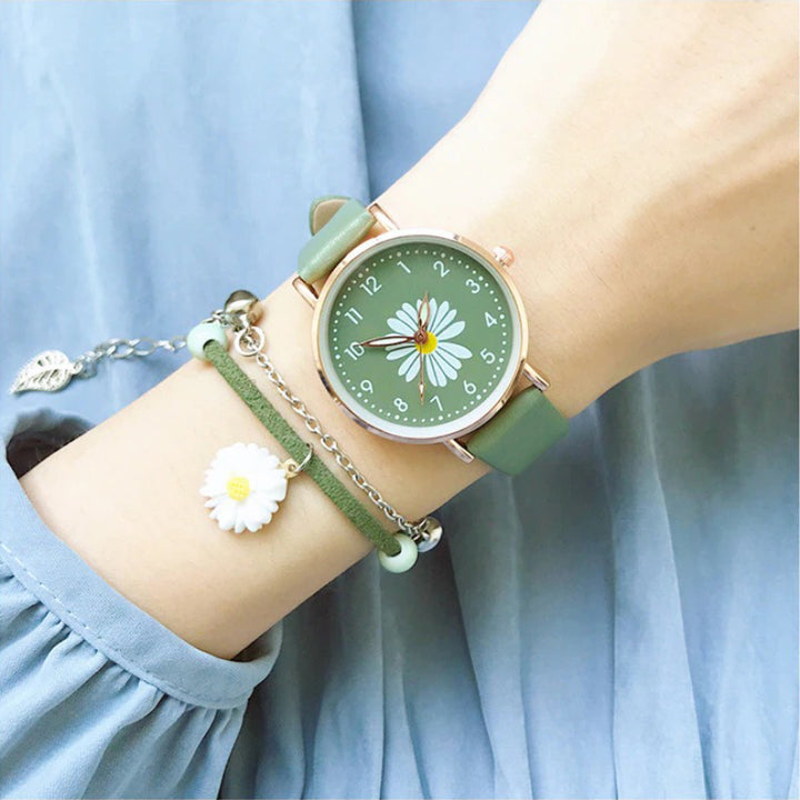 Summer Fashion Daisy Flower with Vegan Leather Quartz Watches