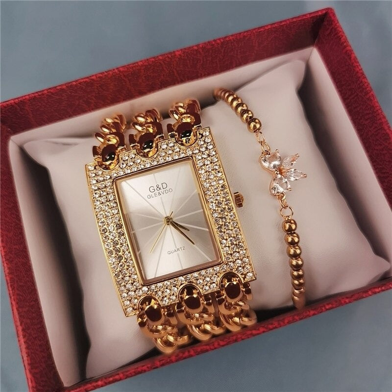 Rhinestone Encrusted Multi-layer Chain Strap Quartz Watches with Bracelet Gift Set