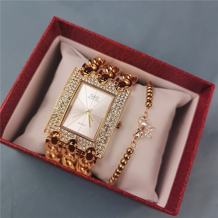 Rhinestone Encrusted Multi-layer Chain Strap Quartz Watches with Bracelet Gift Set