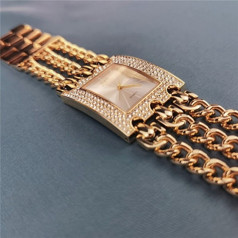 Rhinestone Encrusted Multi-layer Chain Strap Quartz Watches with Bracelet Gift Set