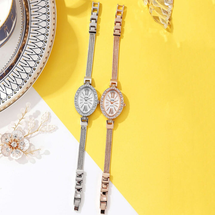 Bejeweled Rhinestone Oval Shape Case Quartz Watch Bracelets