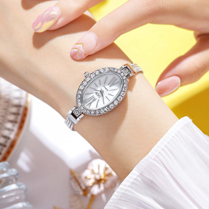 Bejeweled Rhinestone Oval Shape Case Quartz Watch Bracelets