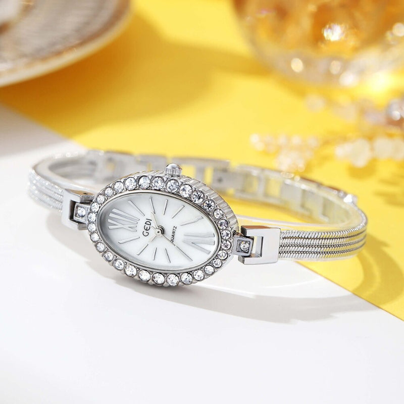 Bejeweled Rhinestone Oval Shape Case Quartz Watch Bracelets