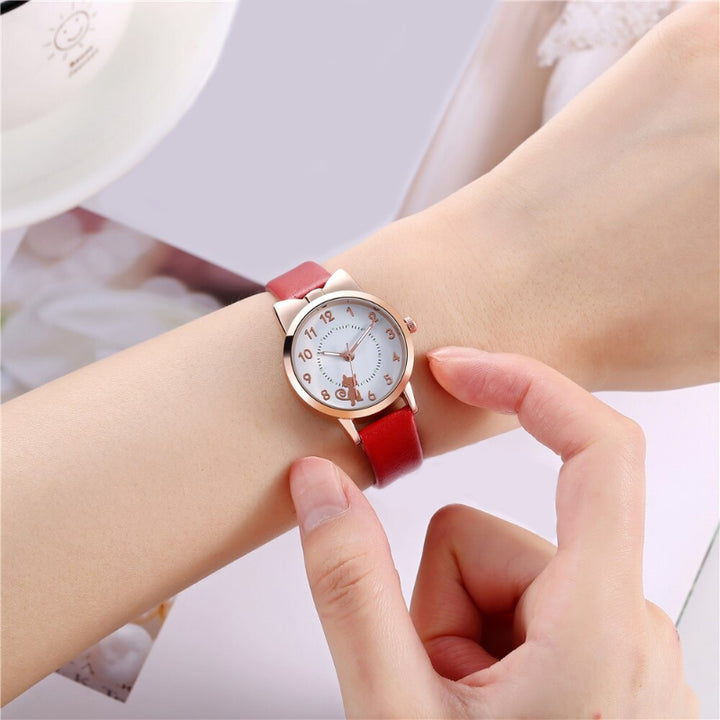 Cute Cat Pattern Bowknot Style Dial Vegan Leather Strap Quartz Watches