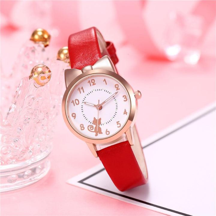 Cute Cat Pattern Bowknot Style Dial Vegan Leather Strap Quartz Watches