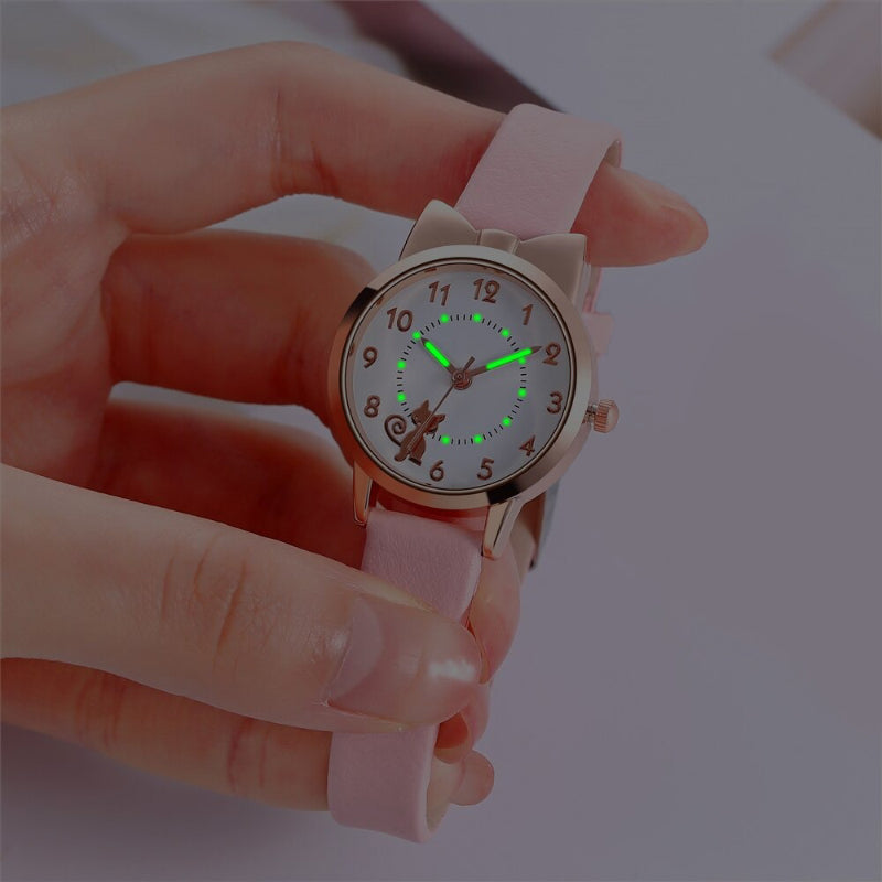 Cute Cat Pattern Bowknot Style Dial Vegan Leather Strap Quartz Watches