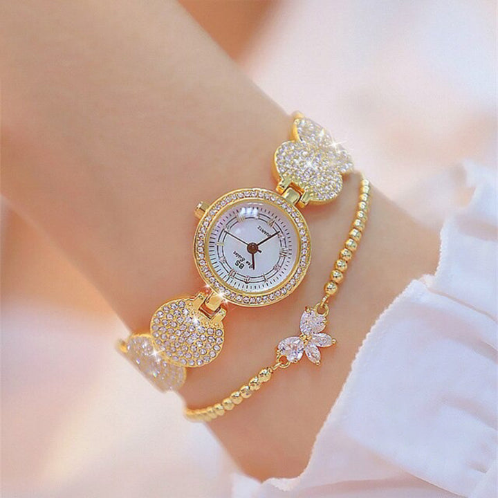 Deluxe Bejeweled Rhinestone Quartz Watches with Bow Charm Bracelet