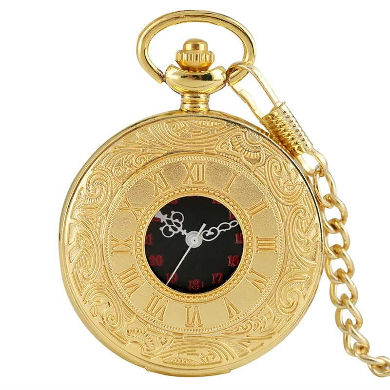 Retro Stylish Roman Numerals Dial Hollow Case Quartz Pocket Watches