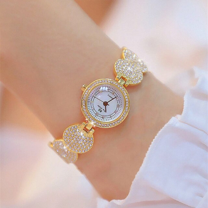 Deluxe Bejeweled Rhinestone Quartz Watches with Bow Charm Bracelet