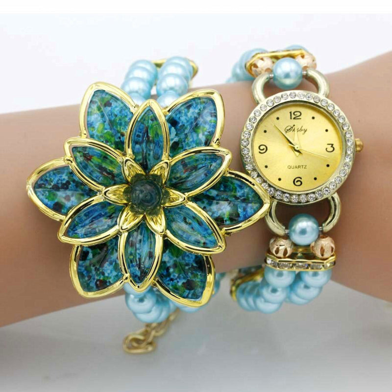 Rhinestone Flower Petals Embellished Pearl Strap Bracelet Watches