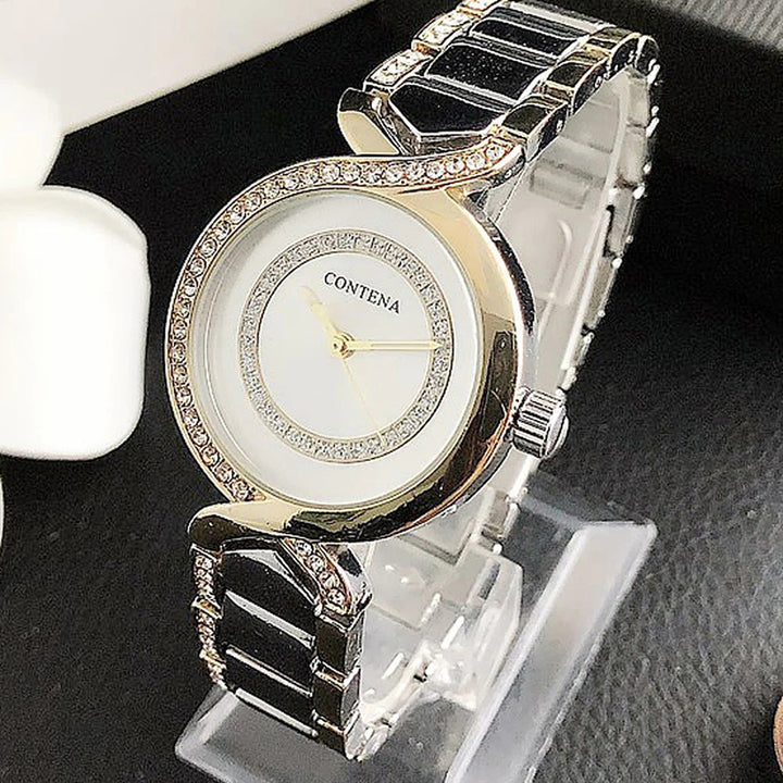 Stainless Steel Rhinestone Bejeweled Round Case Quartz Watches