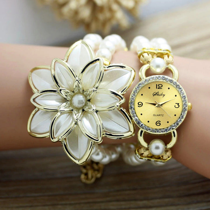 Rhinestone Flower Petals Embellished Pearl Strap Bracelet Watches