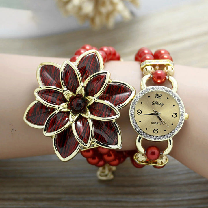 Rhinestone Flower Petals Embellished Pearl Strap Bracelet Watches