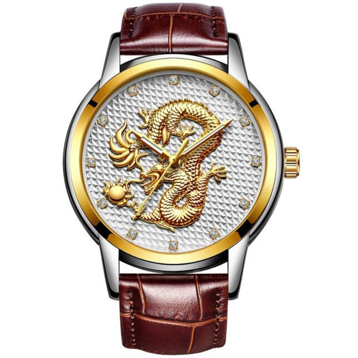 Golden Dragon with Rhinestone Accented Dial in Stainless Steel Strap Quartz Watches