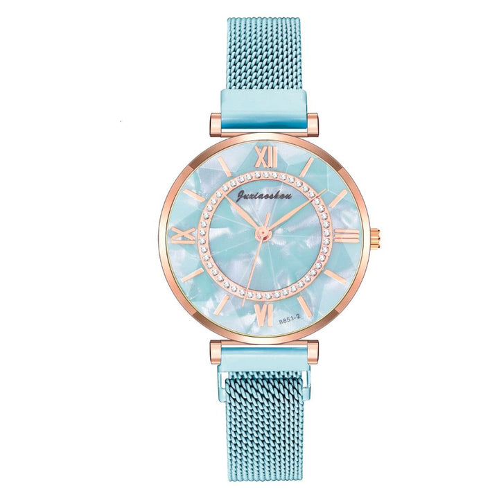 Rhinestone Adorned Roman Numeral Marble Dial Quartz Watches