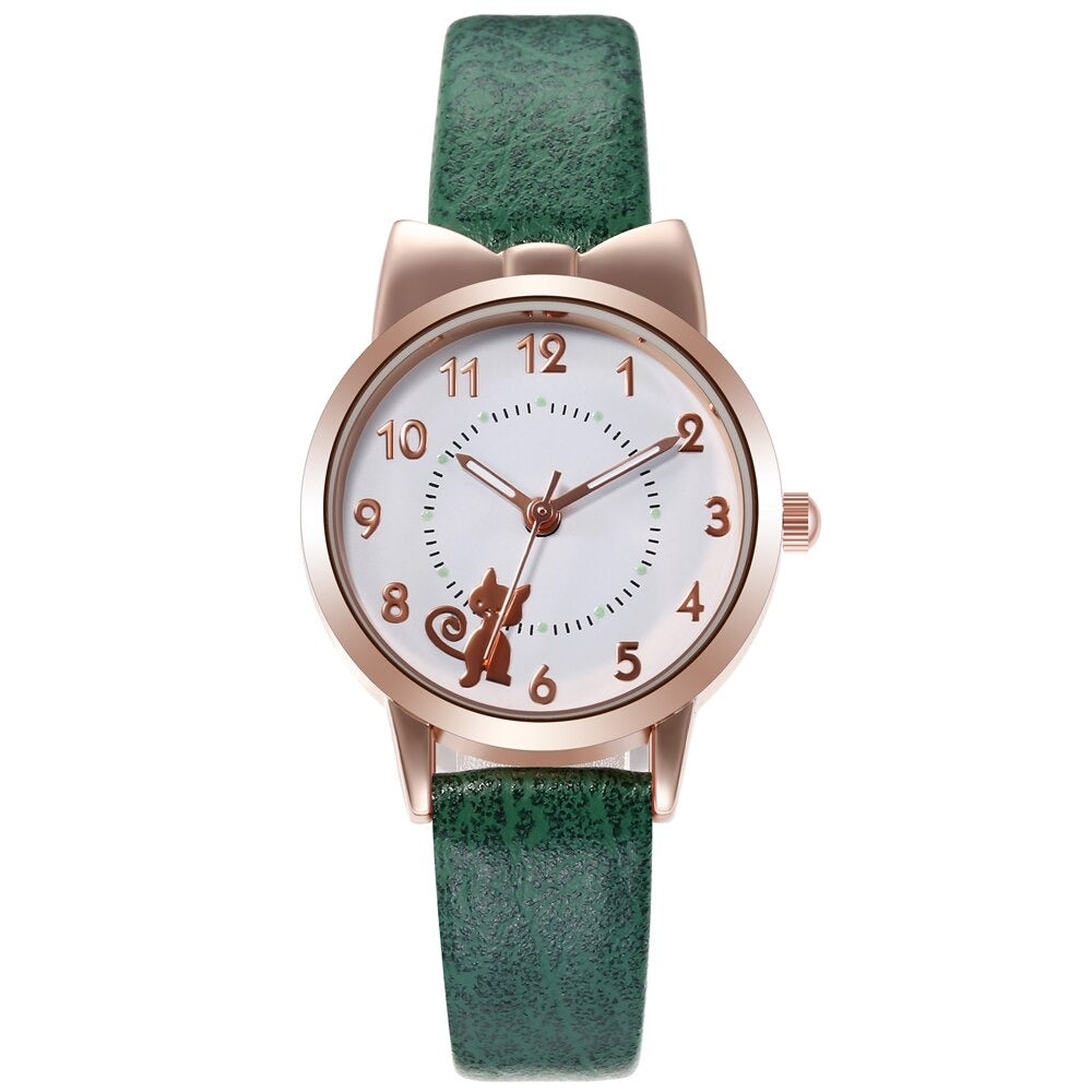 Cute Cat Pattern Bowknot Style Dial Vegan Leather Strap Quartz Watches