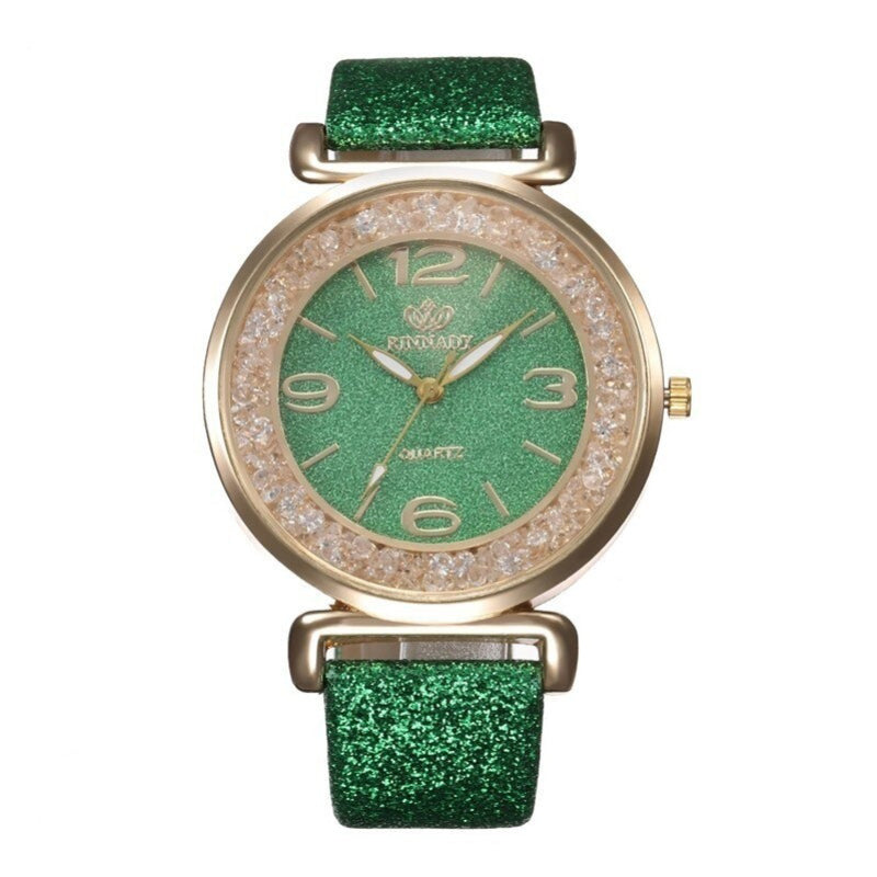 Shimmering Rhinestones with Frosted Vegan Leather Strap Quartz Watches