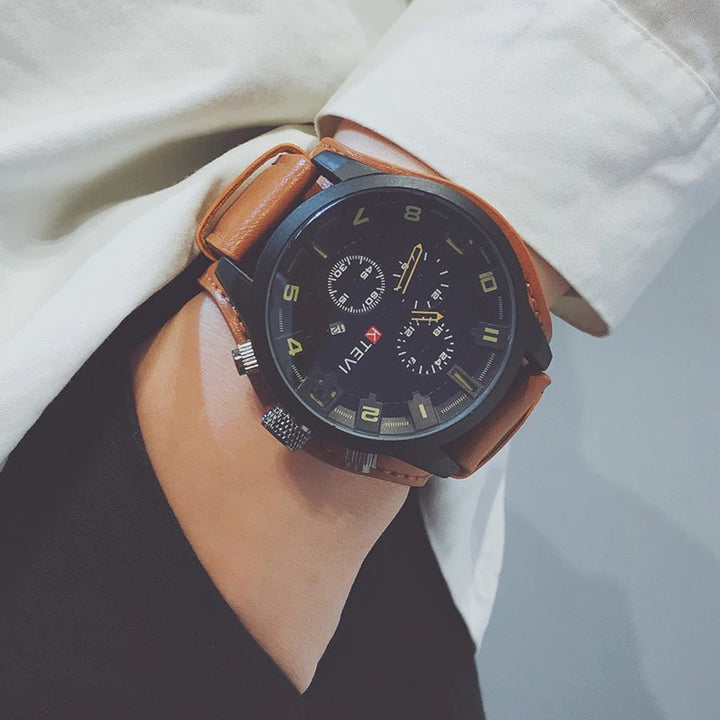 Oversized Dial Sports Quartz Watches with Strong Vegan Leather Strap