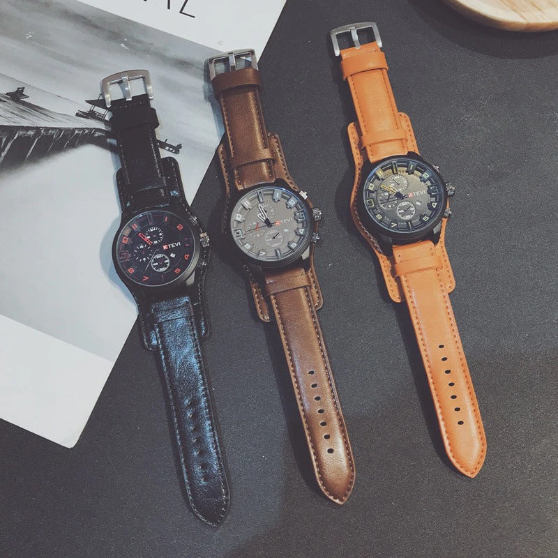 Oversized Dial Sports Quartz Watches with Strong Vegan Leather Strap