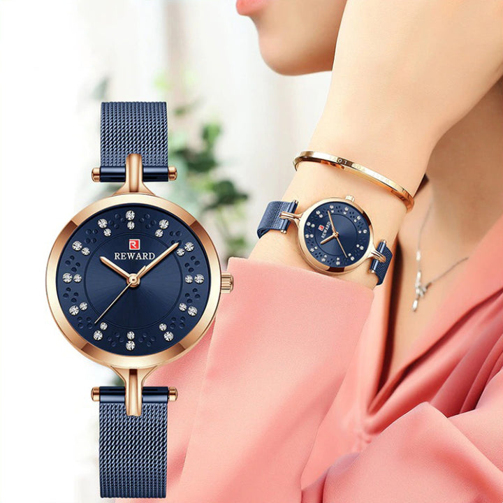 Minimalist Rhinestone Dial with Smooth Stainless Steel Mesh Band Quartz Watches