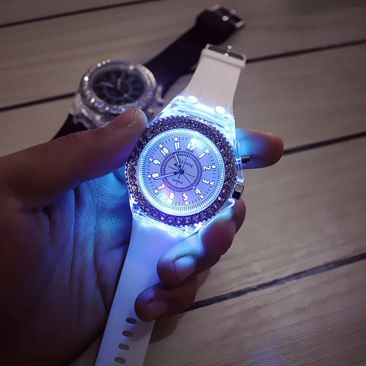 Luminous Rhinestone Adorned with LED Light Silicone Strap Quartz Watches